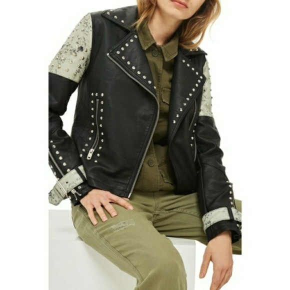 Topshop Jackets & Blazers - TopShop Maddox Studded and Painted Leather Jacket